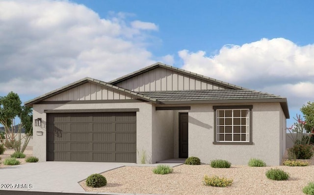 ranch-style home featuring a garage, driveway, and stucco siding