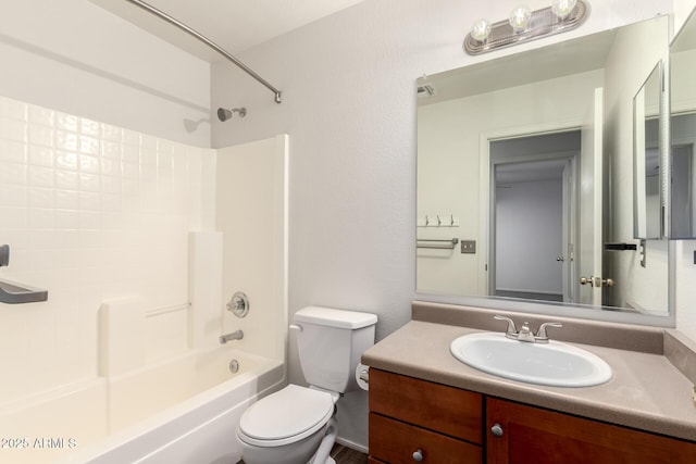 bathroom featuring bathtub / shower combination, visible vents, vanity, and toilet