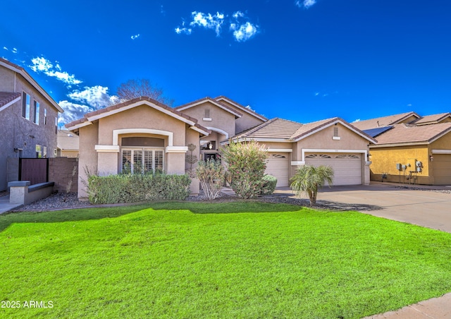 single story home featuring concrete driveway, an attached garage, fence, and stucco siding