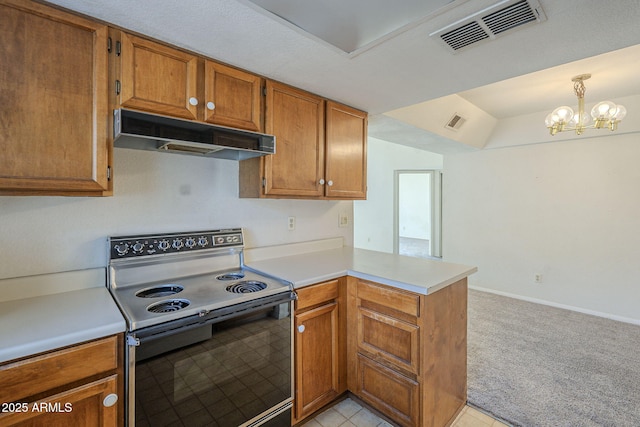 kitchen with under cabinet range hood, a peninsula, visible vents, electric stove, and light countertops