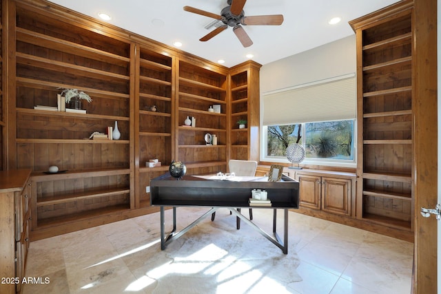 office with ceiling fan and light tile patterned floors