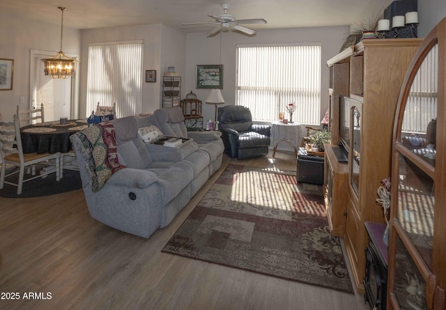 living room with ceiling fan with notable chandelier and wood finished floors