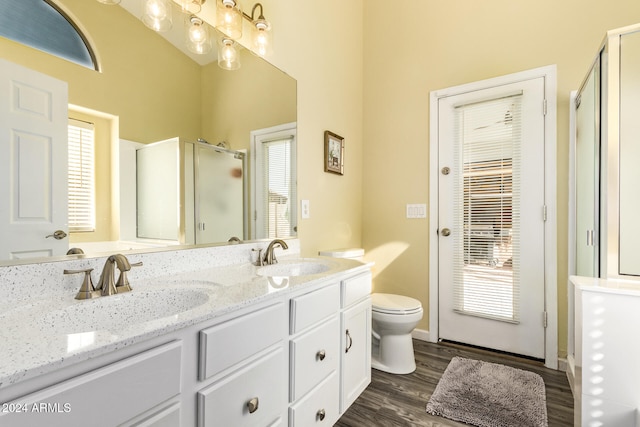 bathroom featuring hardwood / wood-style floors, vanity, a healthy amount of sunlight, and an enclosed shower