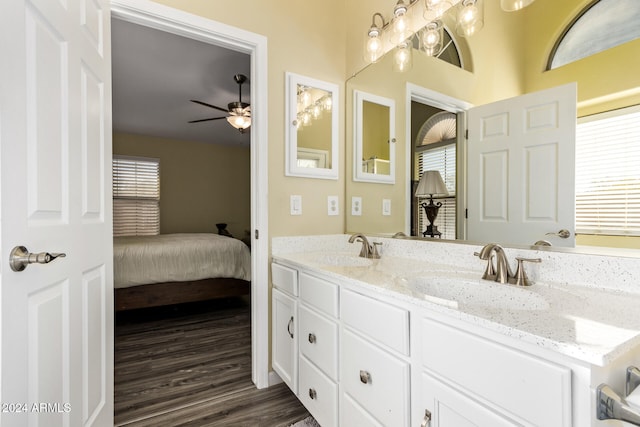 bathroom featuring ceiling fan, plenty of natural light, vanity, and hardwood / wood-style flooring