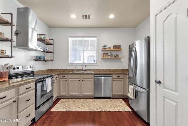 3863 S Posse Trl, Gilbert, AZ 85297 - kitchen with open shelves, stainless steel appliances, dark wood finished floors, light stone countertops, and recessed lighting
