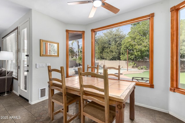 dining area with baseboards, visible vents, and a ceiling fan