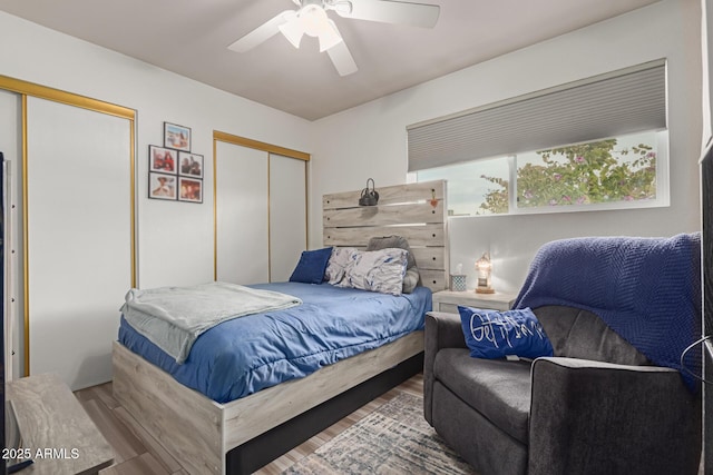 bedroom featuring hardwood / wood-style flooring, ceiling fan, and two closets