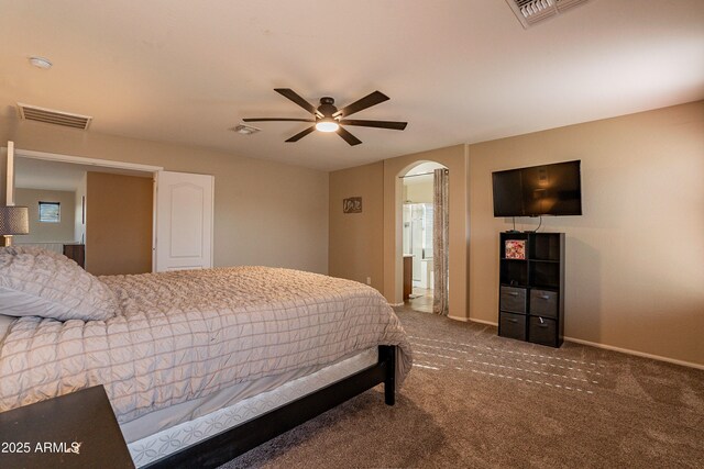 carpeted bedroom featuring ceiling fan