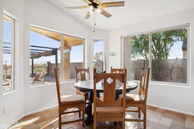 dining space featuring baseboards and a ceiling fan