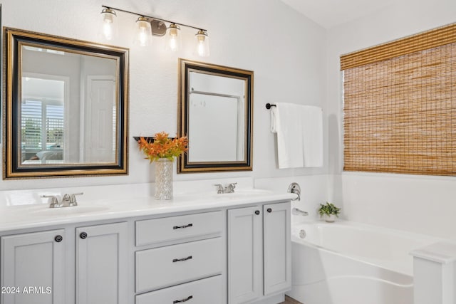 full bath with double vanity and a bath
