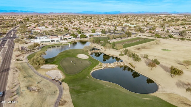 bird's eye view featuring a water and mountain view