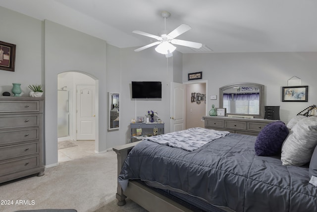 carpeted bedroom featuring high vaulted ceiling and ceiling fan