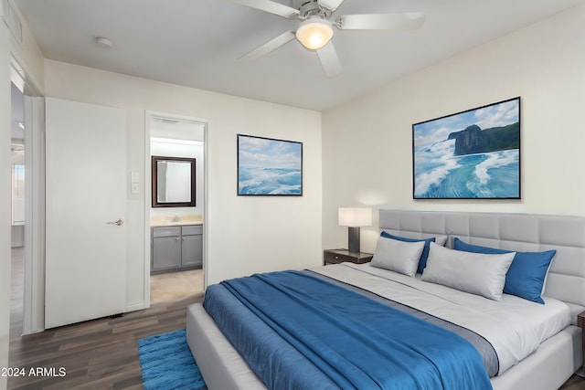 16053 N 26th Cir, Phoenix, AZ 85023 - bedroom with wood finished floors, a sink, ensuite bath, and ceiling fan