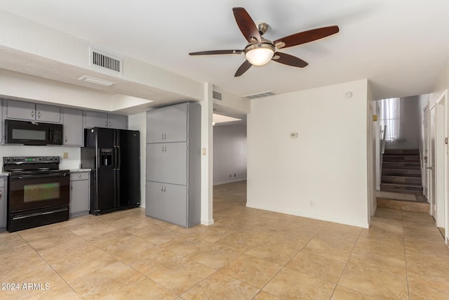 16053 N 26th Cir, Phoenix, AZ 85023 - kitchen featuring black appliances, gray cabinetry, ceiling fan, light tile patterned flooring, and light countertops