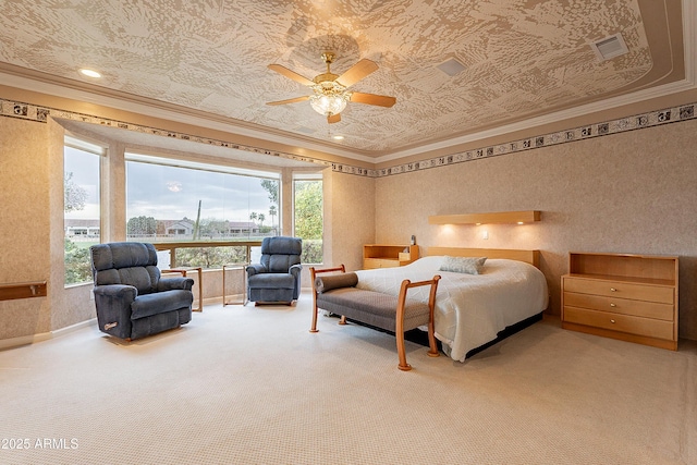 bedroom with wallpapered walls, crown molding, carpet, and visible vents