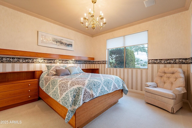 bedroom with visible vents, ornamental molding, carpet flooring, and a chandelier