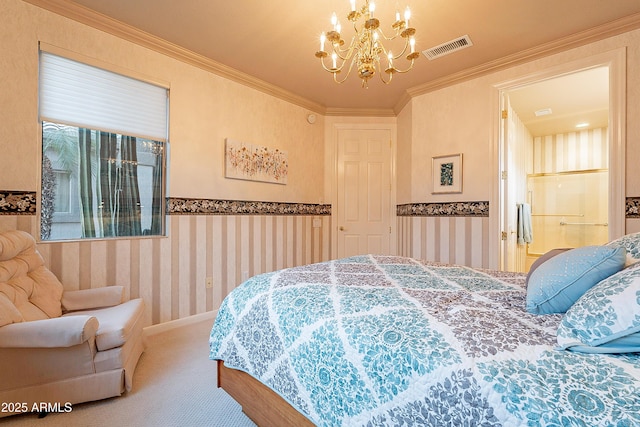 carpeted bedroom featuring wallpapered walls, crown molding, visible vents, and an inviting chandelier