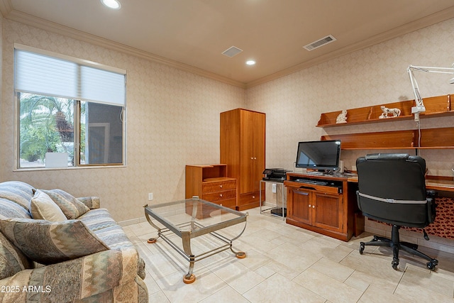 office area featuring visible vents, recessed lighting, wallpapered walls, and crown molding