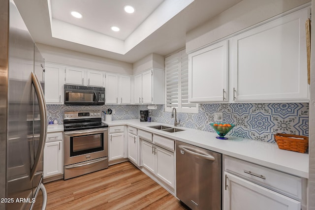 kitchen featuring stainless steel appliances, white cabinets, and sink