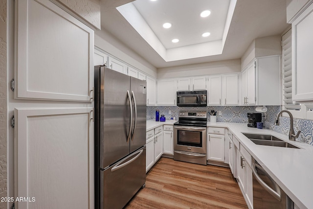 kitchen featuring a tray ceiling, backsplash, white cabinetry, appliances with stainless steel finishes, and sink