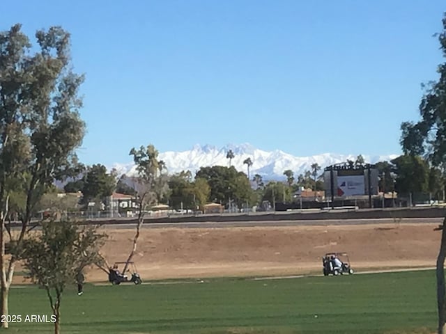 view of community with a mountain view and a lawn