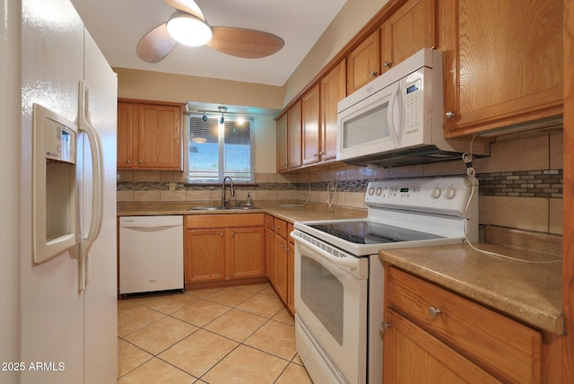 kitchen with ceiling fan, sink, backsplash, white appliances, and light tile patterned floors