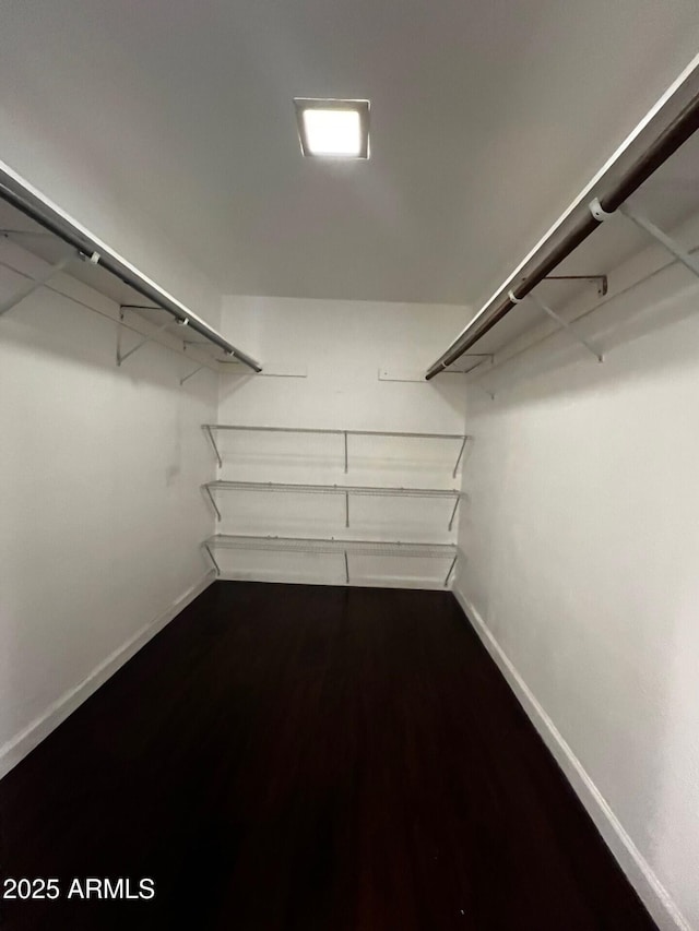 walk in closet featuring dark wood-style flooring