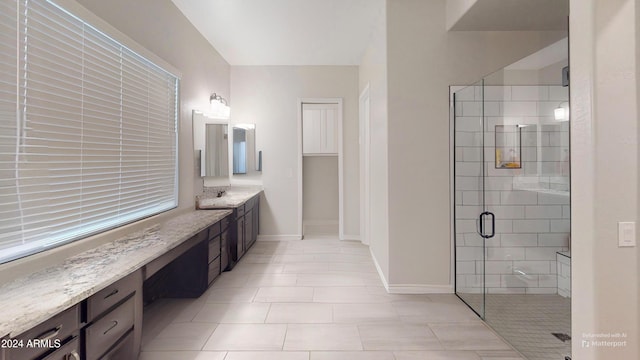 bathroom featuring vanity and a shower with shower door