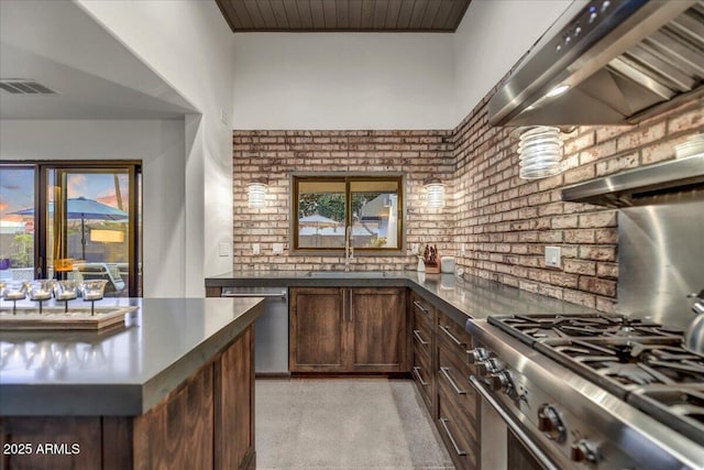 kitchen featuring a sink, extractor fan, dark brown cabinets, appliances with stainless steel finishes, and dark countertops