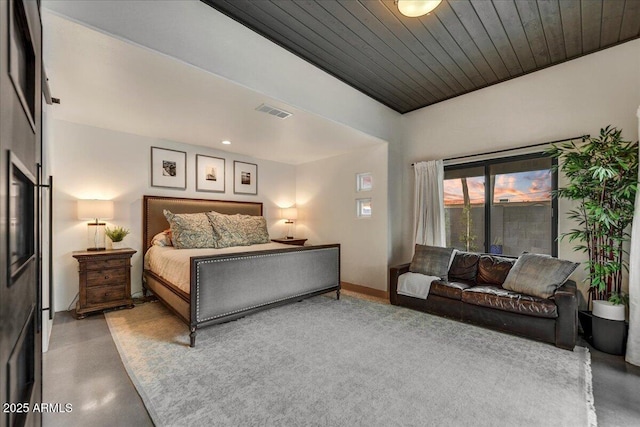 bedroom featuring visible vents, wooden ceiling, concrete floors, and baseboards