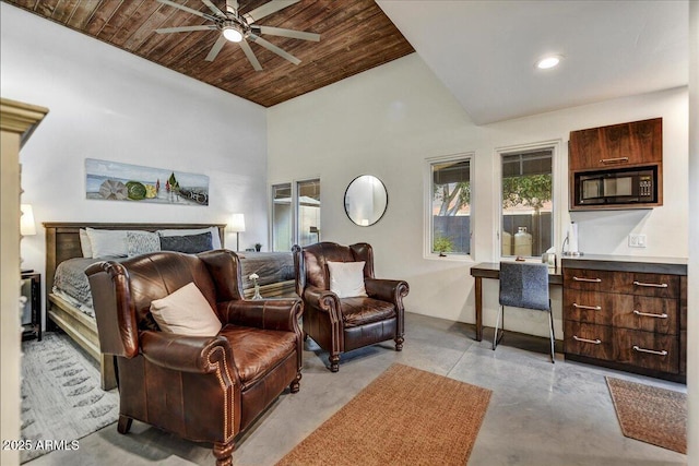 bedroom featuring recessed lighting, wooden ceiling, concrete floors, and a high ceiling