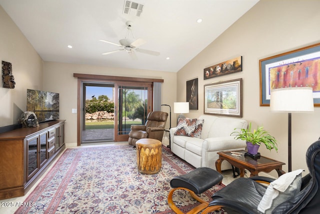 3394 N 147th Ln, Goodyear, AZ 85395 - living room with lofted ceiling, ceiling fan, and recessed lighting
