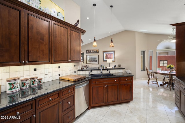 3394 N 147th Ln, Goodyear, AZ 85395 - kitchen featuring dishwasher, a sink, lofted ceiling, a peninsula, and decorative backsplash