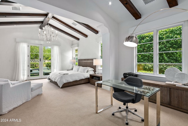 bedroom featuring light carpet, multiple windows, a chandelier, and access to exterior