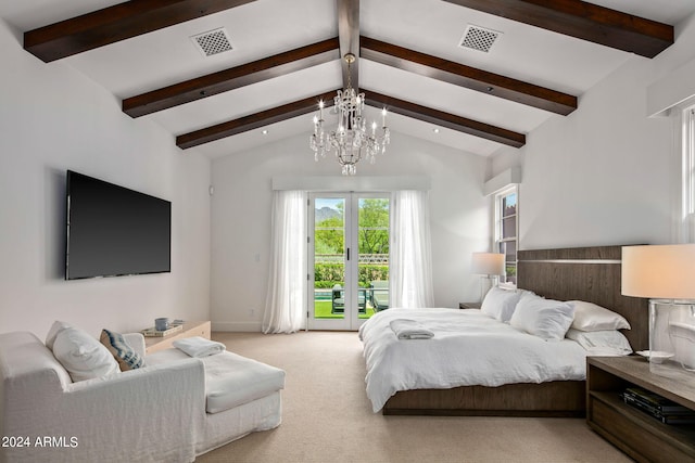 bedroom featuring access to exterior, light colored carpet, visible vents, and lofted ceiling with beams