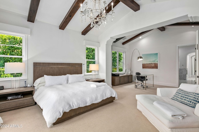 bedroom with baseboards, light colored carpet, beam ceiling, high vaulted ceiling, and a notable chandelier