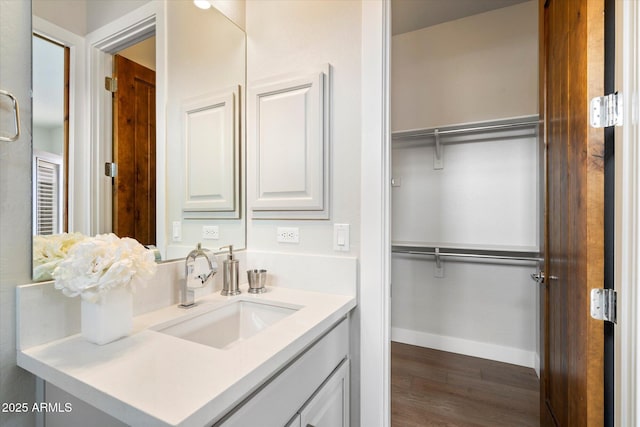 34599 N 99th Way, Scottsdale, AZ 85262 - bathroom featuring vanity, wood finished floors, baseboards, and a spacious closet