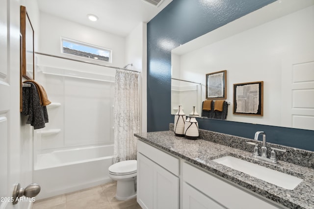 full bathroom with vanity, toilet, shower / bath combo, and tile patterned floors