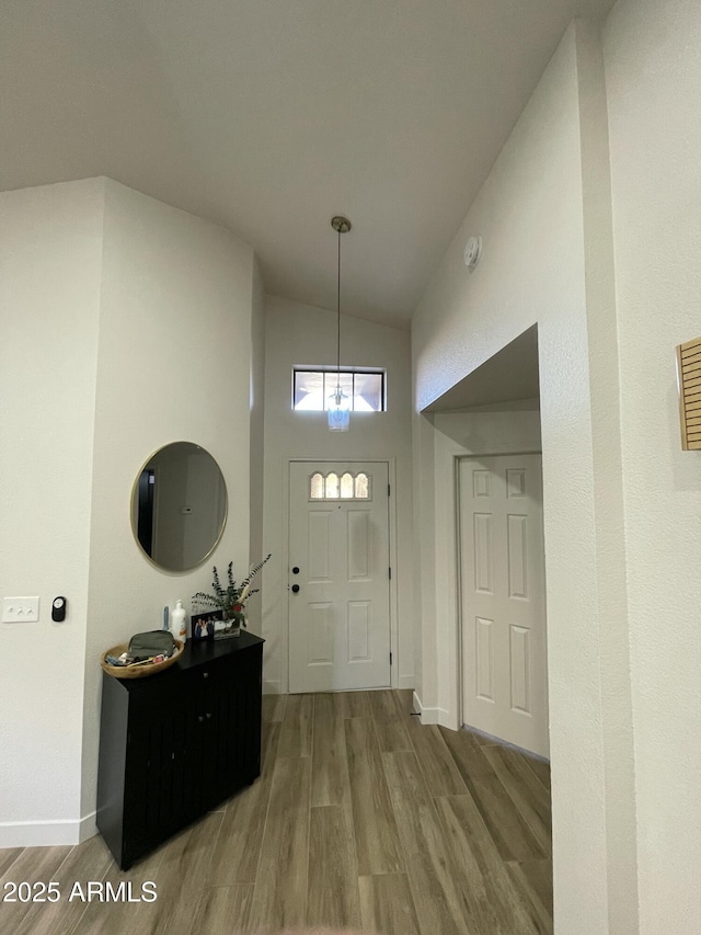 entrance foyer with high vaulted ceiling and hardwood / wood-style flooring