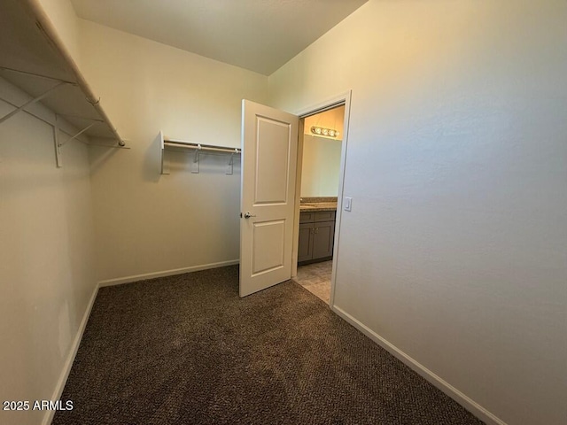 walk in closet featuring dark colored carpet