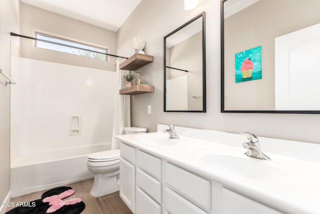 6870 S Crestview Dr, Gilbert, AZ 85298 - full bath featuring toilet, wood finished floors, double vanity, and shower / tub combo