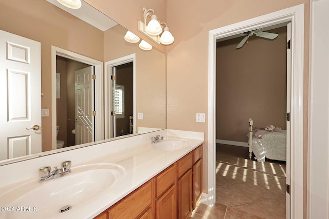 bathroom with tile patterned floors, ceiling fan, vanity, and toilet