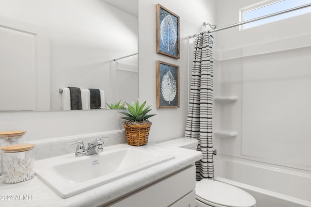 bathroom with toilet, vanity, and shower / bathtub combination with curtain