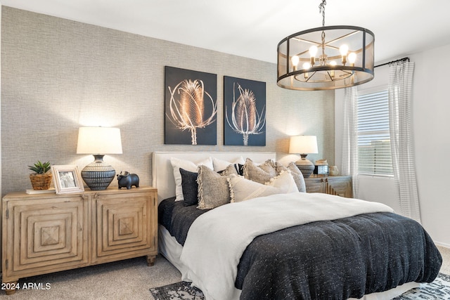 bedroom with carpet floors, a chandelier, and wallpapered walls