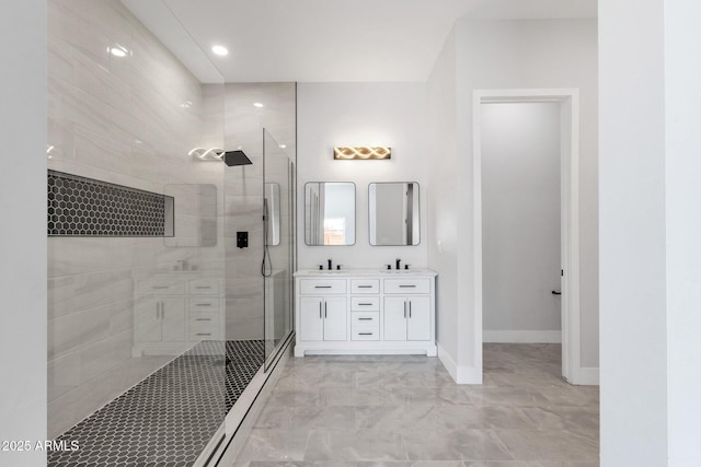 2122 W Virginia Ave, Phoenix, AZ 85009 - bathroom featuring walk in shower, double vanity, baseboards, and recessed lighting