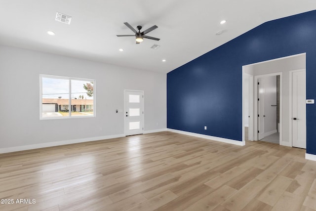 2122 W Virginia Ave, Phoenix, AZ 85009 - unfurnished living room featuring lofted ceiling, ceiling fan, light wood-style flooring, recessed lighting, and baseboards