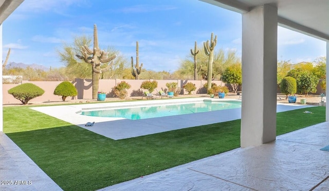 view of pool featuring a patio and a lawn