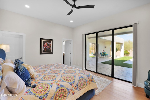 bedroom featuring ceiling fan, access to outside, and light wood-type flooring