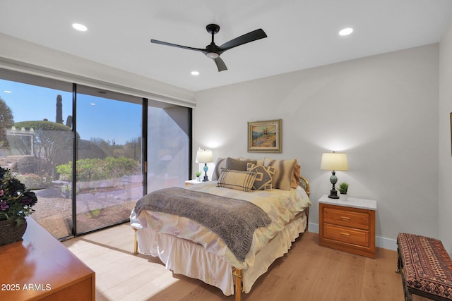 bedroom with ceiling fan, access to exterior, and light wood-type flooring