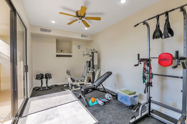 workout area with ceiling fan